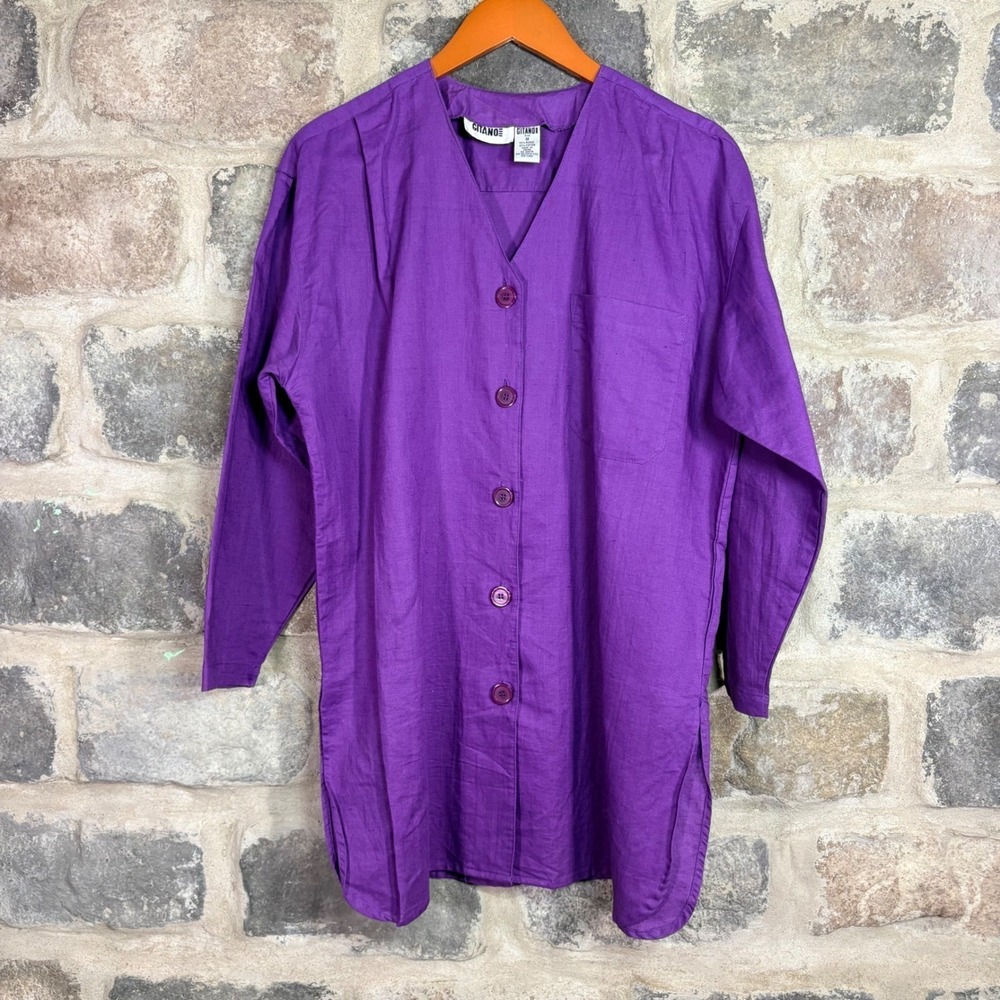 VTG Gitano Purple Button Up Tunic Top Women's Medium Long Sleeve Lagenlook